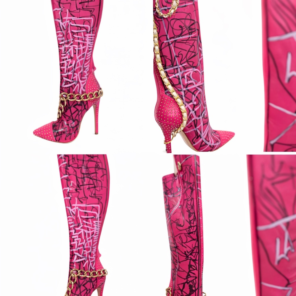 Pink and Black Graffiti Knee-High Boots with Gold Chain | handmade design - Picture 4 of 4